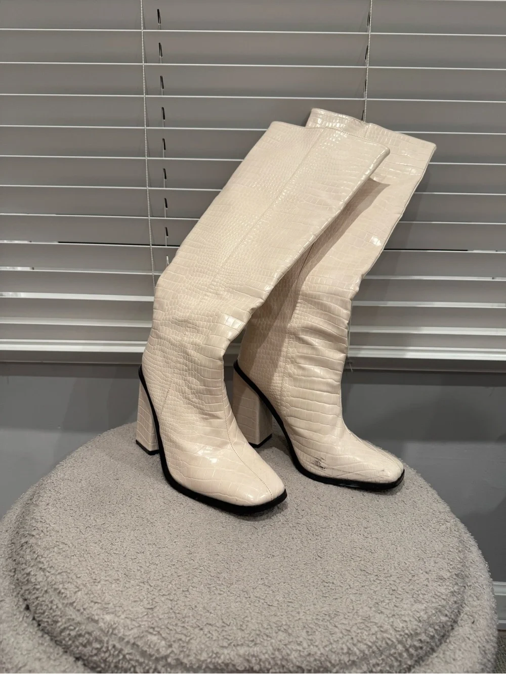 Public Desire Cream Croc-Effect Over-the-Knee Block Heel Boots